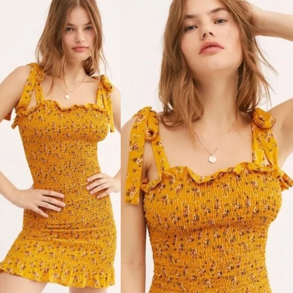 NEW Free People Bella Smocked Slip Tie Strap Bodycon Mini Dress XS Yellow Gold
